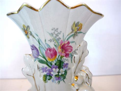 Vintage Pair Vases Ceramic Floral on Ivory Vases Gold Trim - 2 Fan ...