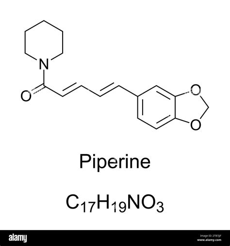 Piperine, chemical formula and skeletal structure. The compound ...