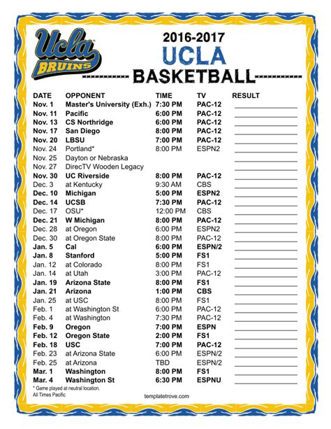 Printable 2016-2017 UCLA Bruins Basketball Schedule