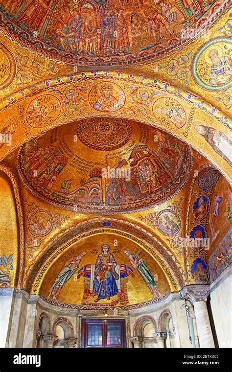 Bright golden mosaics on St Mark s Basilica cupola,Venice Italy.St Mark s Basilica in Venice is ...