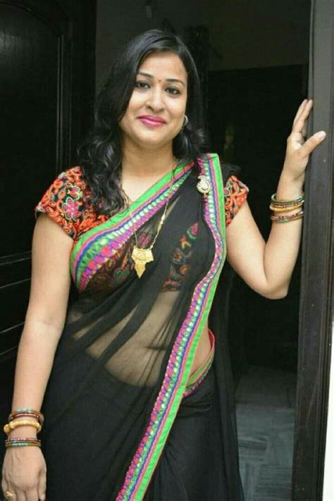 Black transparent saree big navel