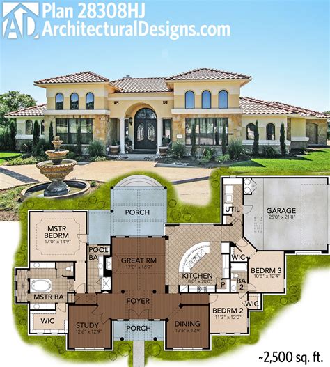 Great symmetry with Architectural Designs Mediterranean House a Plan 28308HJ. Right around 2 ...