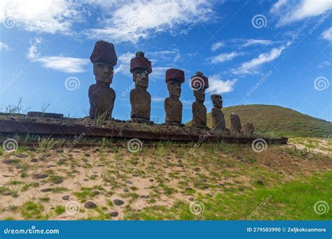 Anakena Beach and Moai Sculptures with Blue Skyline, Easter Island Isla De Pascue Editorial ...