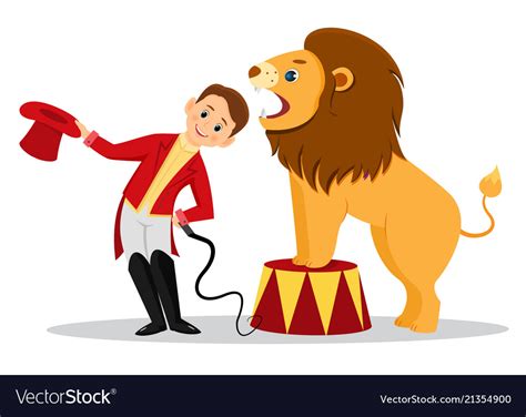 Cartoon lion tamer puts his head in the jaws Vector Image