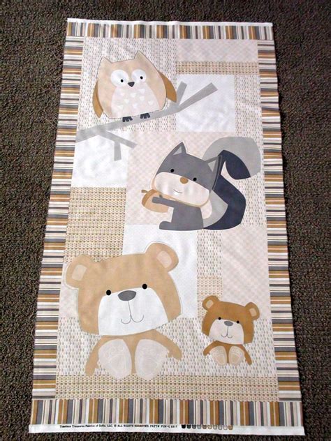 Baby fabric panel. Woodland animal. Unisex baby cot panel. Owl quilting fabric. Bear quilt panel ...