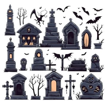 Halloween In Graveyard Element Collection Cute Cartoon Flat Design Vector Illustration, Doodle ...