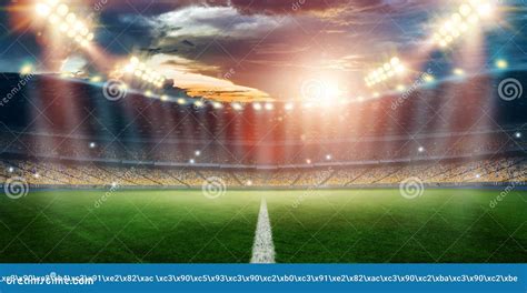 Stadium in the Lights and Flashes, Football Field. Concept Sports ...