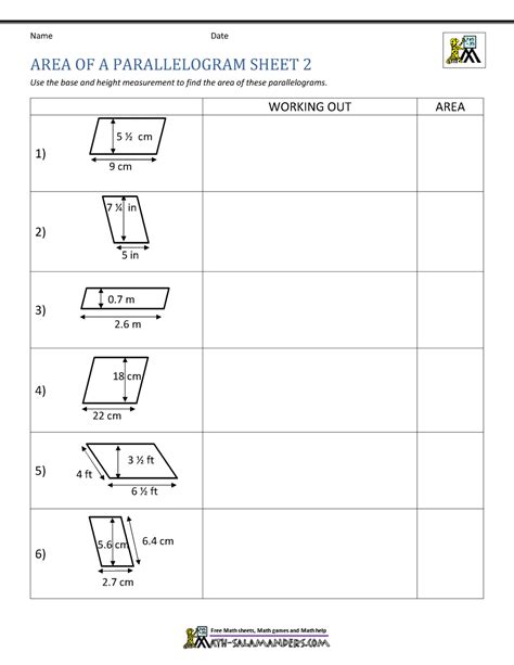 Printable Area Of A Parallelogram Worksheet