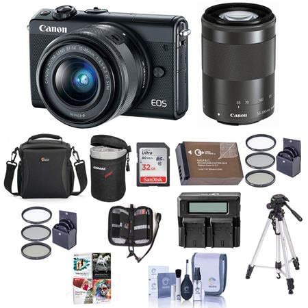 Canon EOS M100 Mirrorless with 15-45mm and 55-200mm STM Lenses, Black W/Acc Kit 2209C021 B