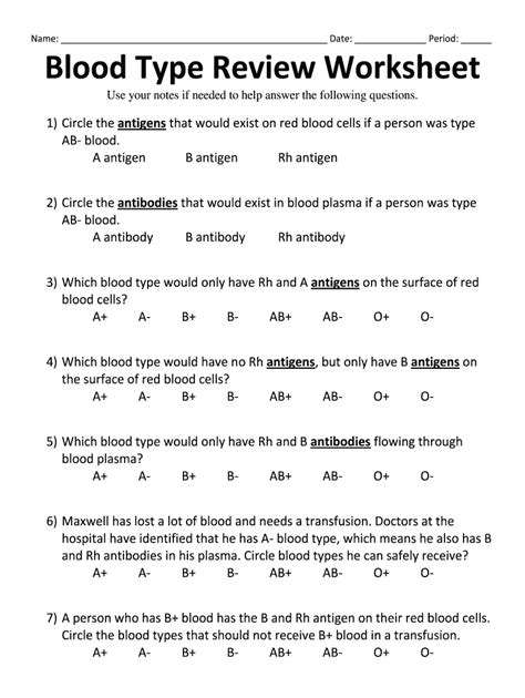 Blood Typing Problems Worksheets