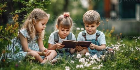 Four cute barefooted kids in summer clothes laying on green grass with black laptopCopy space ...