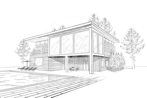 'Sketch of Modern House with Swimming Pool' Art Print - alchena | Art.com | House design drawing ...