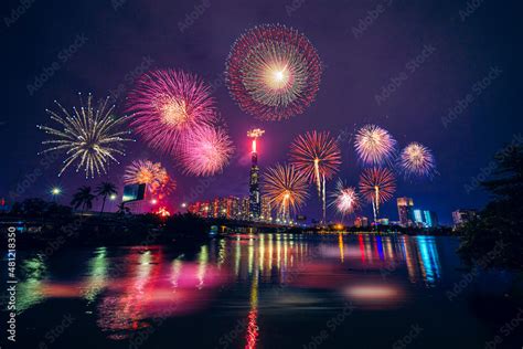 Celebration. Skyline with fireworks light up sky over Landmark 81 ...