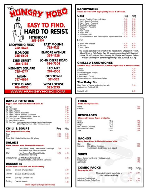 Hungry Hobo menu in Davenport, Iowa, USA