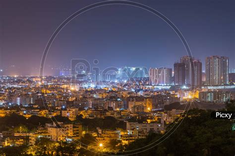 Image of Hyderabad City Scape in Night Time With High Rise Apartments And Luminous Lights in ...