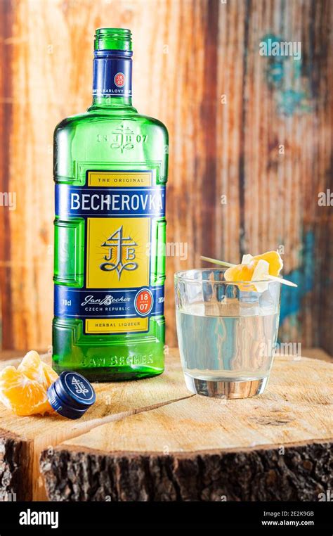 Kyiv, Ukraine - Jan 1, 2021: The Original Becherovka. Cocktail with Becherovka. A bottle of ...