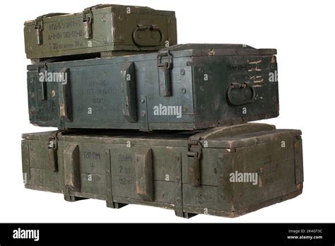 Soviet and russian army ammunition stack of green crates. Text in ...