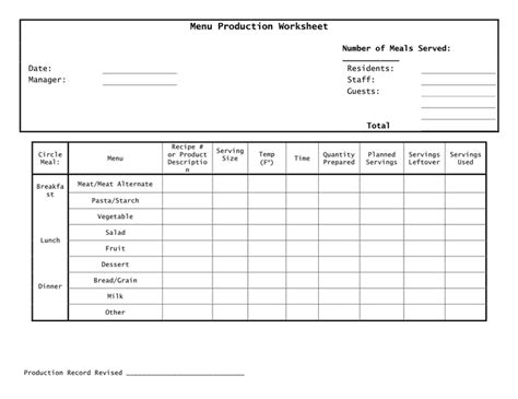 Menu production worksheet template in Word and Pdf formats