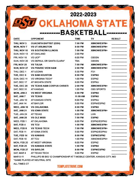 Printable 2022-2023 Oklahoma State Cowboys Basketball Schedule