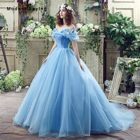 Elegant Blue Princess Ball Gown Bow Beaded Short Puffy Sleeve Prom ...