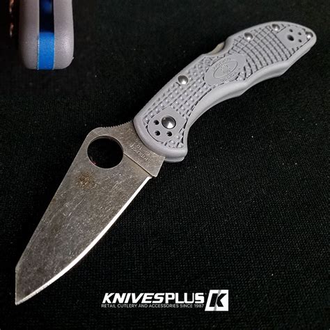 MODIFIED Spyderco Delica 4 - Acid Wash - Regrind - Gray Handle/Blue Backspacer