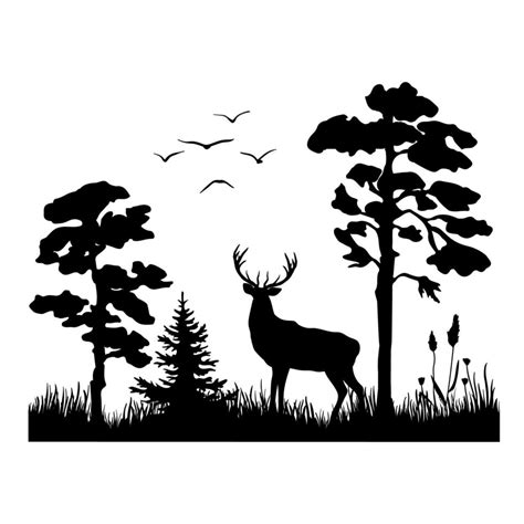 A black silhouette of a deer standing among the trees on the grass ...