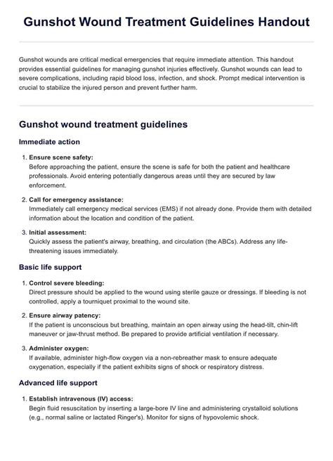 Gunshot Wound Treatment Guidelines Handout & Example | Free PDF Download