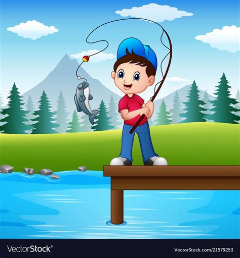 Little boy fishing in the r Royalty Free Vector Image | Boy fishing, Zebra cartoon, School wall art