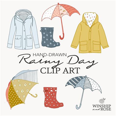 Rainy Day Clip Art Hand Drawn Rainy Day Graphics Umbrellas, Raincoat ...