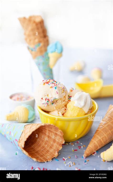 Waffle cake with ice cream balls Stock Photo - Alamy