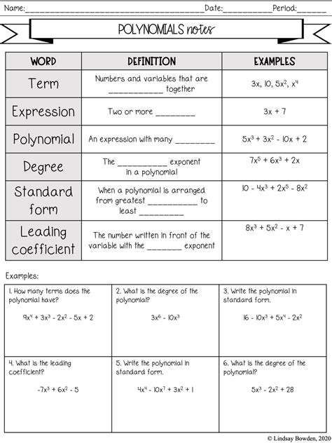 Intro to Polynomials Notes and Worksheets - Lindsay Bowden