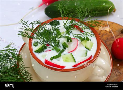 Okroshka on kefir on white background Stock Photo - Alamy