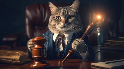 A 4K ultra hd wallpaper of a cat dressed in a lawyer's suit, wearing a tie and holding a gavel ...