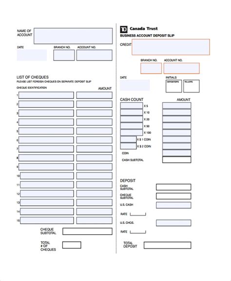 Cash Deposit Slip Template | templates free printable