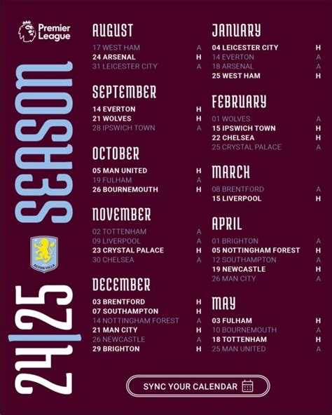 Aston Villa Fixtures - 2024 / 2025 Premier League Season | VIP Matchdays