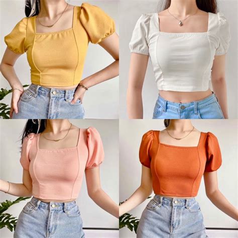 Plain Korean Puff Sleeve Crop Top Plain Top 6A0197