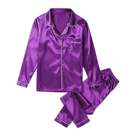 suanret - Womens Silk Satin Pajamas Set Long Sleeve Button-Down ...