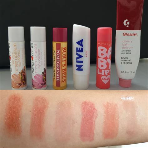 Tinted lip balms: Human Nature, Burt's Bees, Nivea, Maybelline, and Glossier (review in comments ...