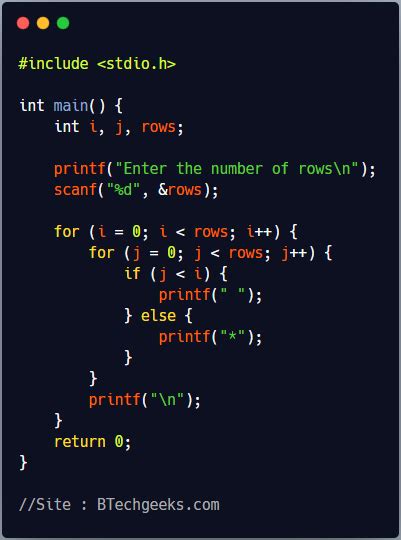 C program to print reversed mirrored right triangle star pattern ...