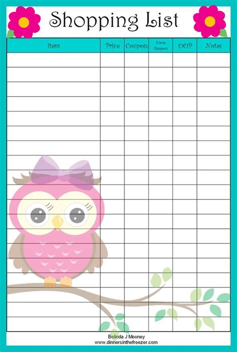 Adorable Owl Coupon Shopping List - Printable - FREEBIE - www.dinnersinthefreezer… | Shopping ...