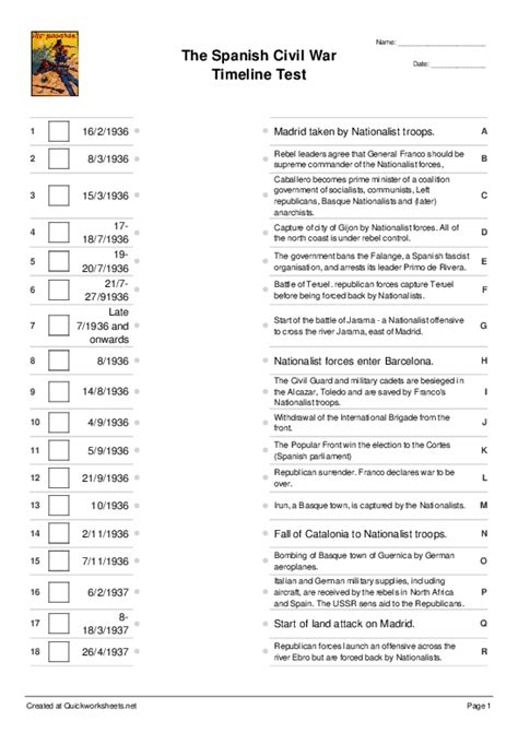 The Spanish Civil War Timeline Test - Matching Worksheet (Pairs) / Small Matching Cards Generator