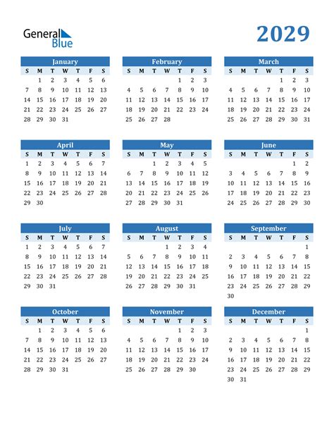 2029 Calendar (PDF, Word, Excel)