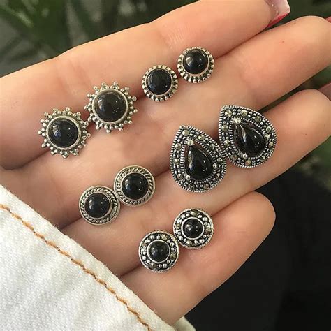 Black Vintage Stud Earrings Set For Women Ancient Silver Color Female ...