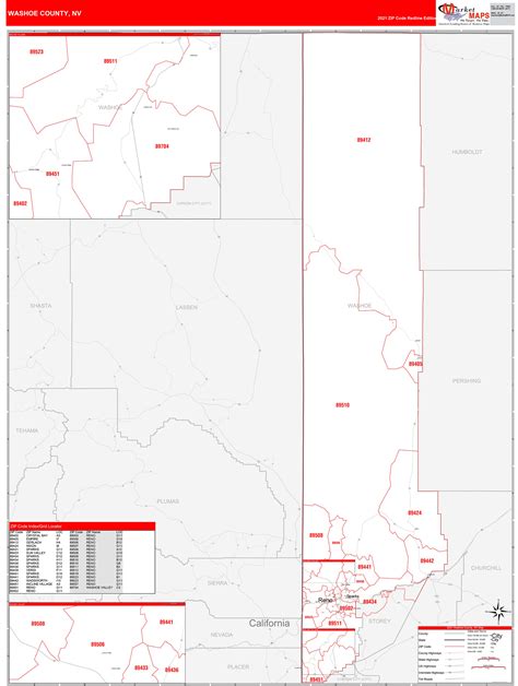 Washoe County, NV Zip Code Wall Map Red Line Style by MarketMAPS - MapSales