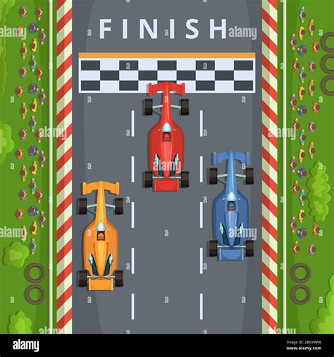 Racing cars on finish line. Top view racing illustrations. Vector ...