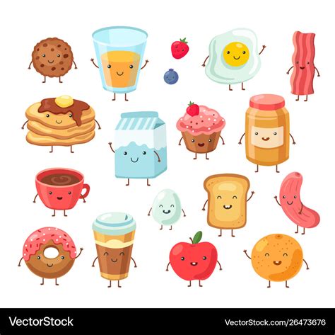 Breakfast food characters funny cartoon lunch Vector Image