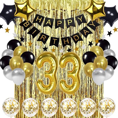 33th Birthday Decorations Black and Gold, Happy Birthday Banner, Number ...