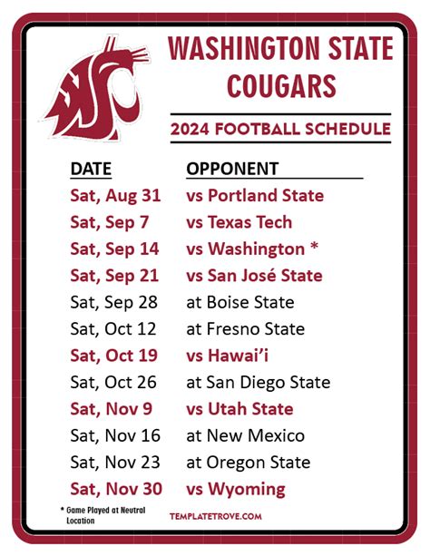 Printable 2024 Washington State Cougars Football Schedule