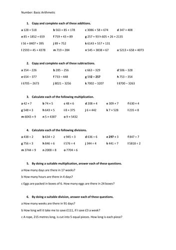 Basic Arithmetic Worksheet with Answers | Teaching Resources