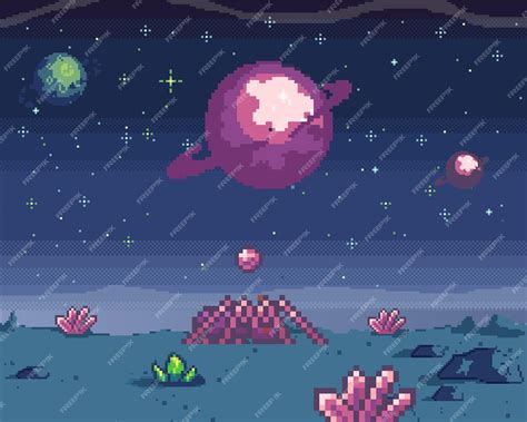 Premium Vector | Pixel art cosmic area game location scene with fantastic planets in outer space ...